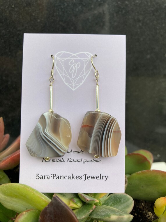 Natural Botswana Lined Agate Earrings in Sterling Silver ~Hand Made