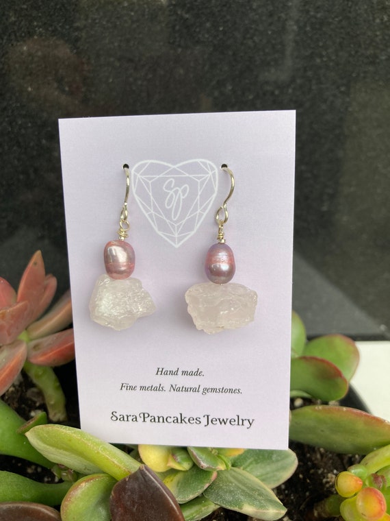 Natural Raw Rose Quartz Nugget Earrings with Mauve Freshwater Pearl in Sterling Silver ~Hand Made~