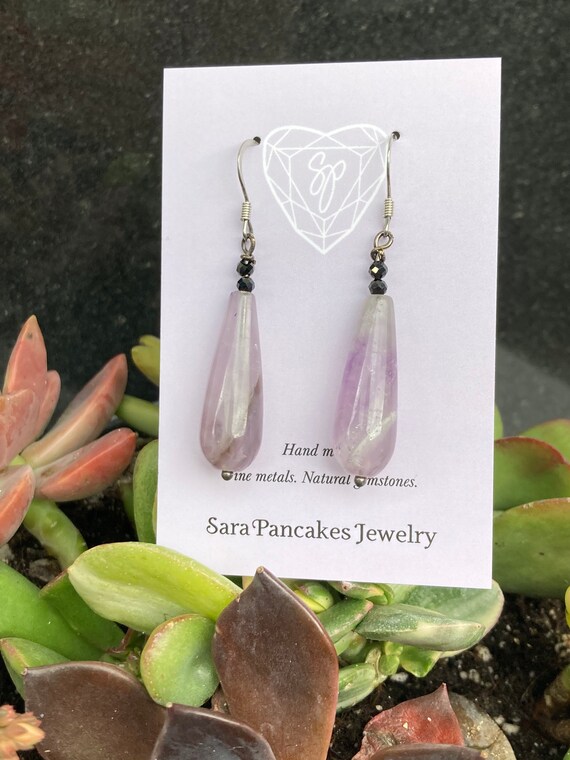 Natural Amethyst with Black Spinel Drop Earrings ~Hand Made