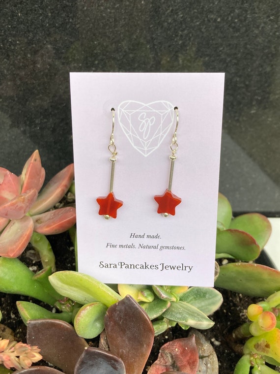 Natural Red Brown Carnelian Carved Stars in Sterling Silver Earrings ~Hand Made