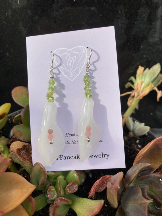 White Jade Carved Lilly Earrings with Pink Opal and Peridot in Sterling Silver Earrings ~Hand Made