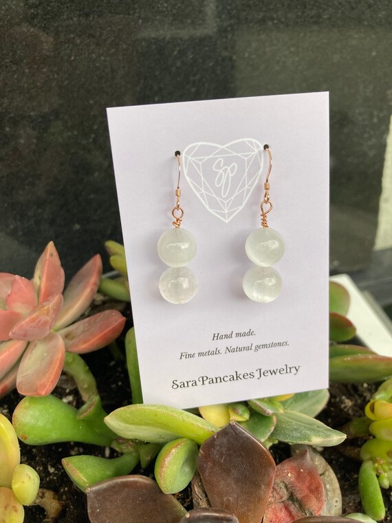 Natural Selenite Globe Earrings 14k Rose Gold Filled ~Hand Made