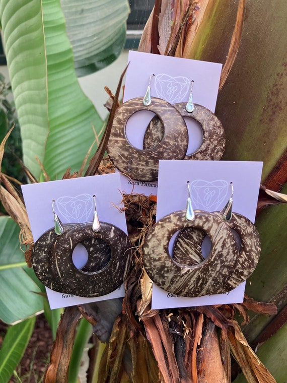 Natural Coconut Wood Hoop Statement Earrings on Bright White Sterling Silver