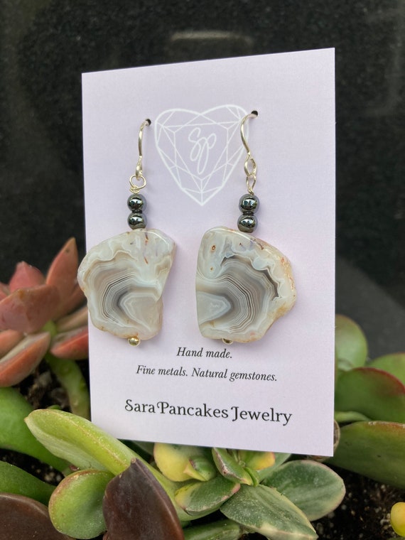 Natural Botswana Lined Agate Earrings with Hematite in Sterling Silver ~Hand Made