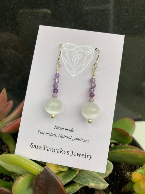 Natural Selenite Globe Earrings with Amethyst in Sterling Silver ~Hand Made
