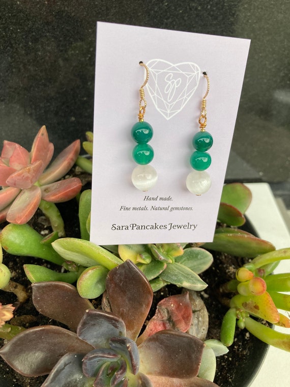 Natural Selenite Globe Earrings with Green Agate 14k Gold Filled ~Hand Made