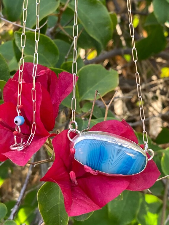 Hand Made 23.20 ct Bright Blue Cloud Agate Pendant in Sterling Silver Paperclip Chain