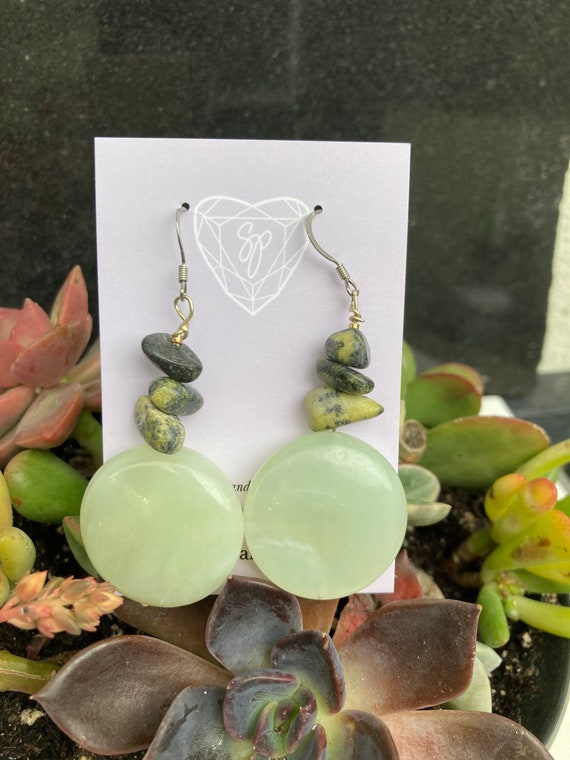 Natural Green Jade with Serpentine Pebbles in Surgical Steel Earrings ~Hand Made