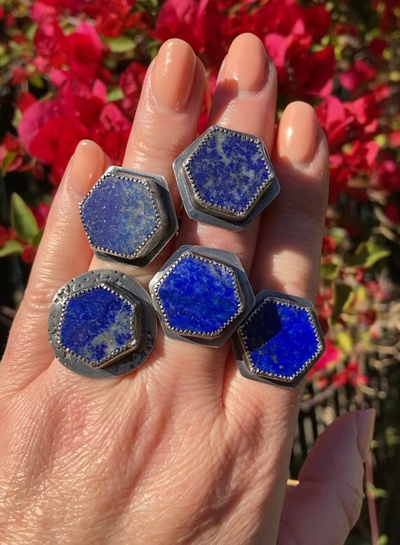 Hand Made Sterling Silver Lapis Lazuli Hexagon Ring Sz 6 7 8 9
