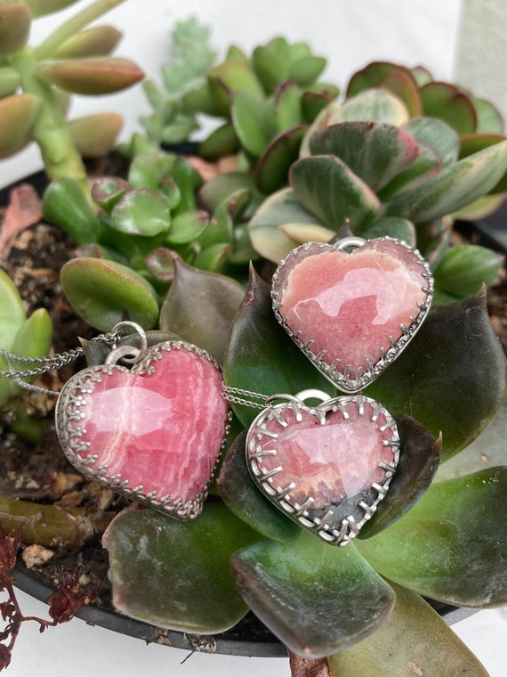 Hand Made Natural Rhodochrosite Heart Cabochon in Sterling Silver