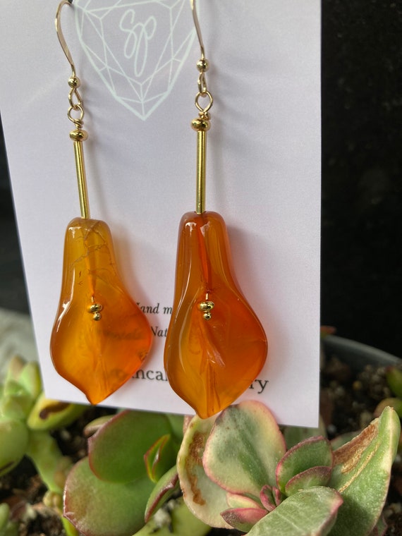 Natural Carnelian Carved Lilly Earrings in 14k Gold Filled Earrings ~Hand Made