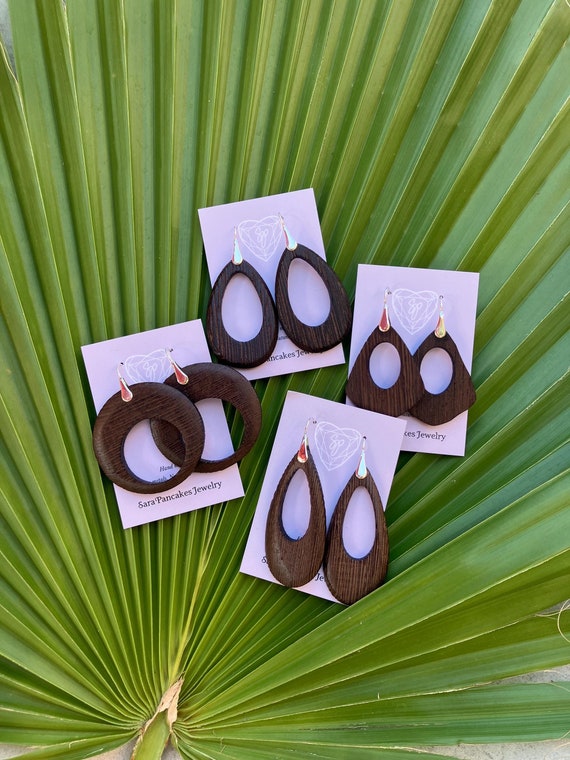 Natural African Wenge Wood Hoop Statement Earrings on Bright White Sterling Silver