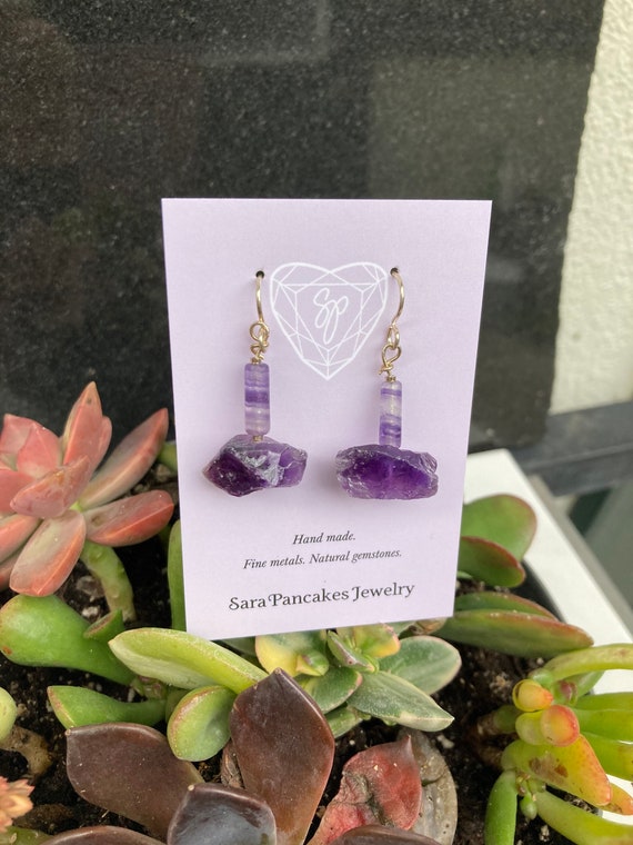 Natural Raw Amethyst Nugget Earrings with Fluorite in Sterling Silver ~Hand Made~