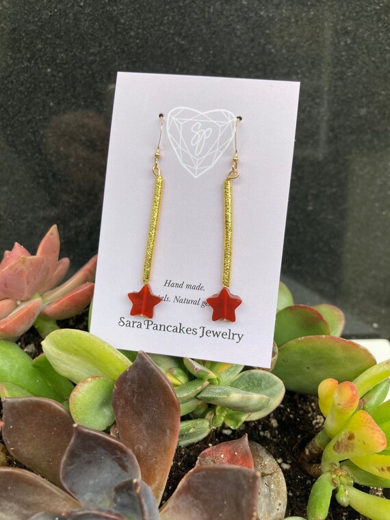Natural Red Brown Carnelian Carved Stars in 14k Gold Filled Earrings ~Hand Made