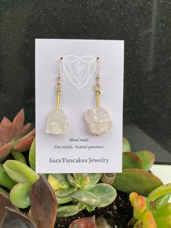 Natural Raw Rose Quartz Nugget Cube Earrings 14k Gold Filled ~Hand Made~