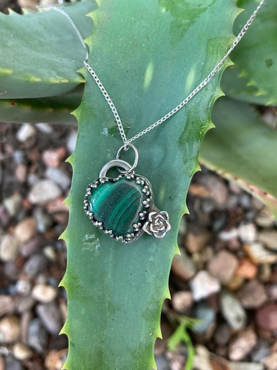 Malachite Heart with Succulent Blossom Hand Made in Sterling Silver Pendant