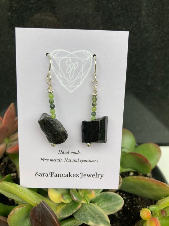 Natural Black Tourmaline Earrings with Serpentine in Sterling Silver ~Hand Made~ Rough Raw Nugget