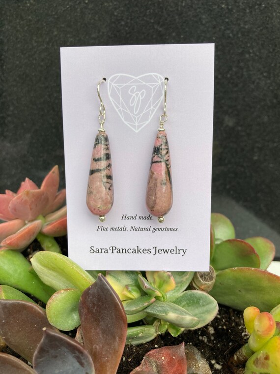 Natural Rhodonite Pink and Black Carved Drop Earrings in Sterling Silver Earrings ~Hand Made