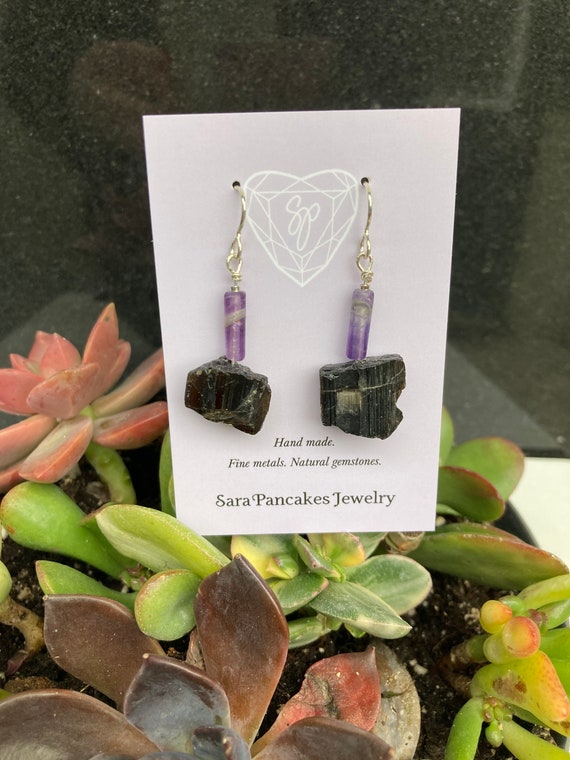 Natural Black Tourmaline Earrings with Rainbow Fluorite in Sterling Silver ~Hand Made~ Rough Raw Nugget