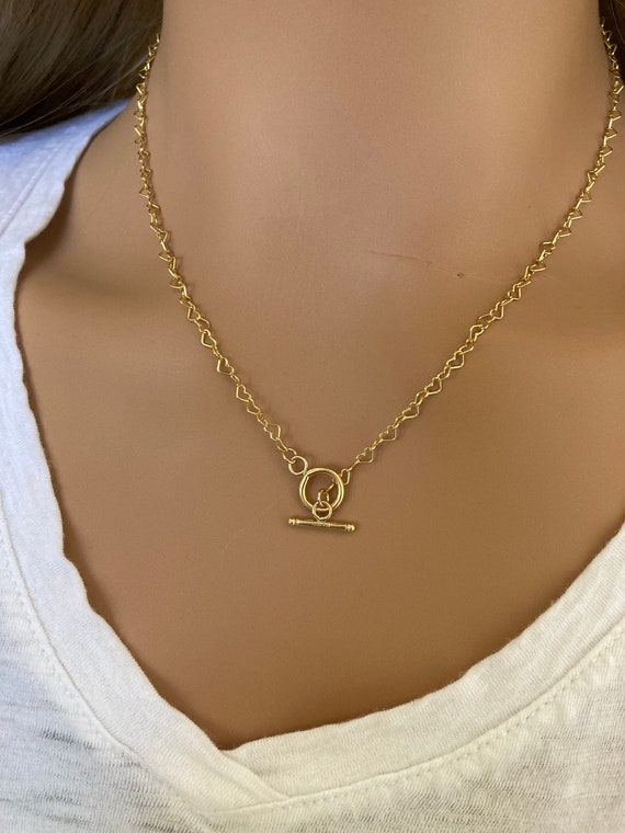 Delicate Heart Link Chain with Toggle Clasp 14K Yellow Gold Filled