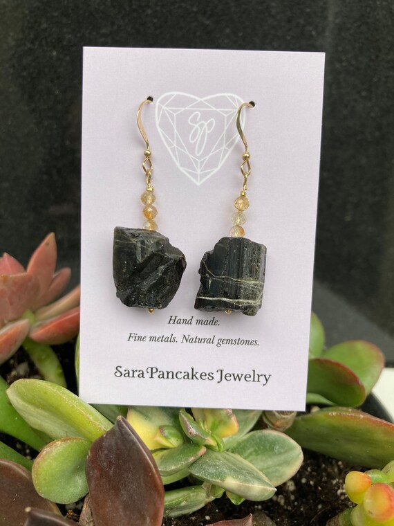 Natural Black Tourmaline Earrings with Citrine 14k Gold Filled ~Hand Made~ Rough Raw Nugget
