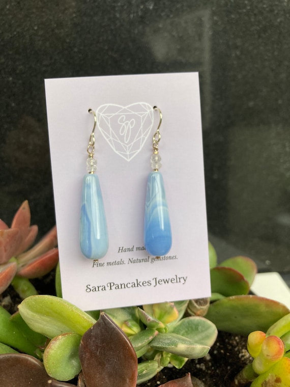 Natural Blue Chalcedony (Peru) Earrings with Rock Crystal Quartz in Sterling Silver ~Hand Made~