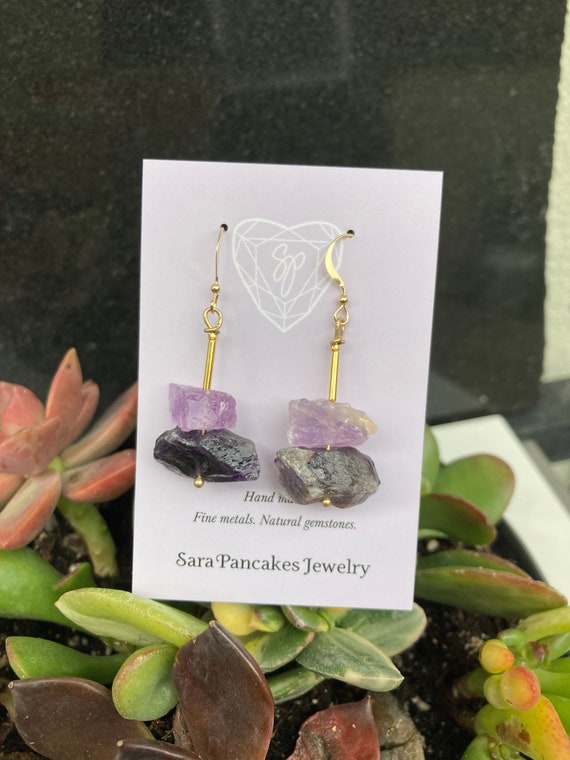 Natural Raw Amethyst Nugget Earrings 14k Gold Filled ~Hand Made~ Deep Purple and Rose De France