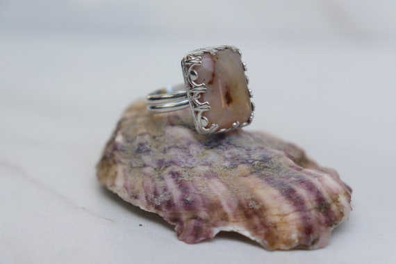 Hand Made 7.85 ct Light Pink Opal Square Ring in Sterling Silver With Green and Brown Sz 8 9