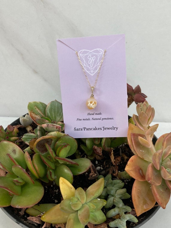 14k Diamond Hand Carved Pearl Skull ~14K Yellow Gold~ .03 ct Natural Diamonds Pendant