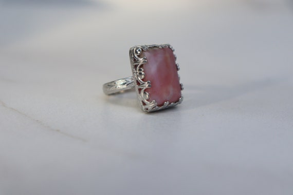 Hand Made 7.70 ct Baby Pink Opal Square Ring in Sterling Silver Natural White Swirl Sz 6
