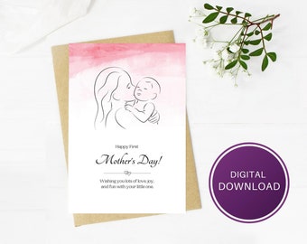 Printable Happy First Mother's Day Card, Pink, 5x7, Blank Inside, Instant Digital Download