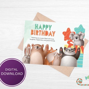 Printable Animal Friends Celebrating Birthday Card, Orange and Green, Digital Download, 7x5 Folding Card, Blank Inside, Instant Download