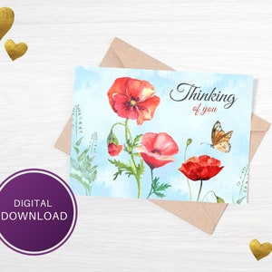 Printable 7x5 Thinking Of You Sympathy Folding Card with Red Wild Flowers and Butterfly,  Blank Inside, Instant Digital Download