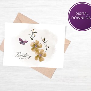 Printable Thinking of You Card Digital Download, Gold Flowers,  7x5 Folding Card, Blank Inside, Instant Download