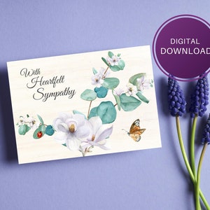Printable With Heartfelt Sympathy 7x5 Folding Card with White Flowers and Butterfly, Blank Inside, Instant Digital Download