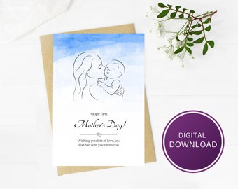 Printable Happy First Mother's Day Card, Blue, 5x7, Blank Inside, Instant Digital Download