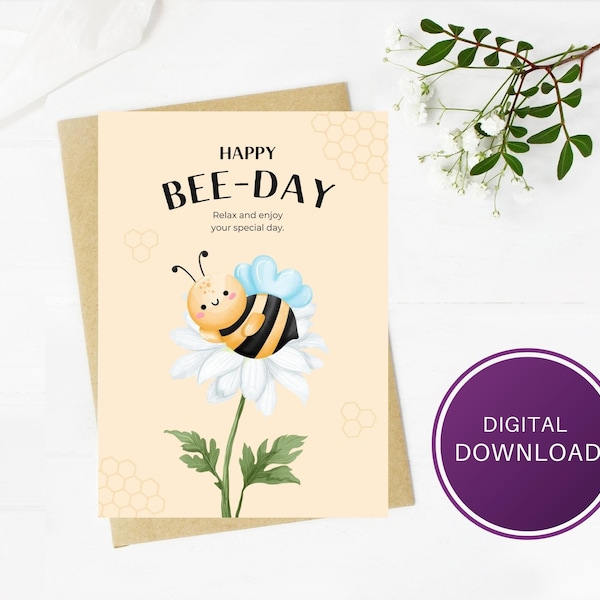 Printable Happy Bee-day Birthday Card Instant Digital Download, 5x7 Folding Card, Blank Inside