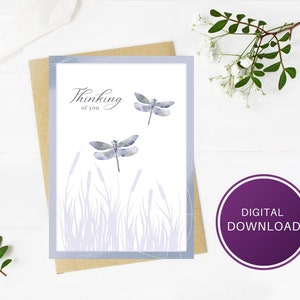 Printable Thinking Of You 5x7 Folding Card with Dragonflies Watercolor Design, Blank Inside, Instant Digital Download