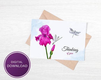 Printable Thinking of You Card with Pink Iris and Dragonflies Digital Download, 7x5 Folding Card, Blank Inside, Instant Download