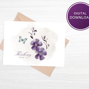 Printable Thinking of You Card Digital Download, Purple Flowers,  7x5 Folding Card, Blank Inside, Instant Download