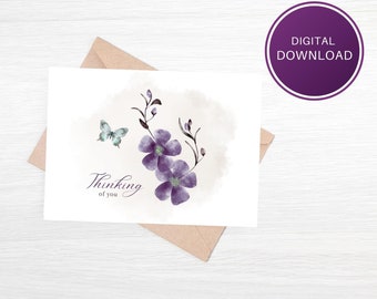 Printable Thinking of You Card Digital Download, Purple Flowers,  7x5 Folding Card, Blank Inside, Instant Download