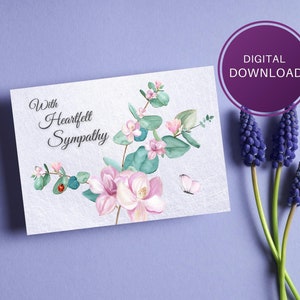 Printable With Heartfelt Sympathy Card, Pink Flowers, 7x5,  Blank Inside, Instant Digital Download