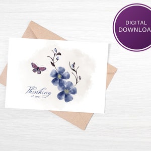 Printable Thinking of You Card Digital Download, Blue Flowers,  7x5 Folding Card, Blank Inside, Instant Download