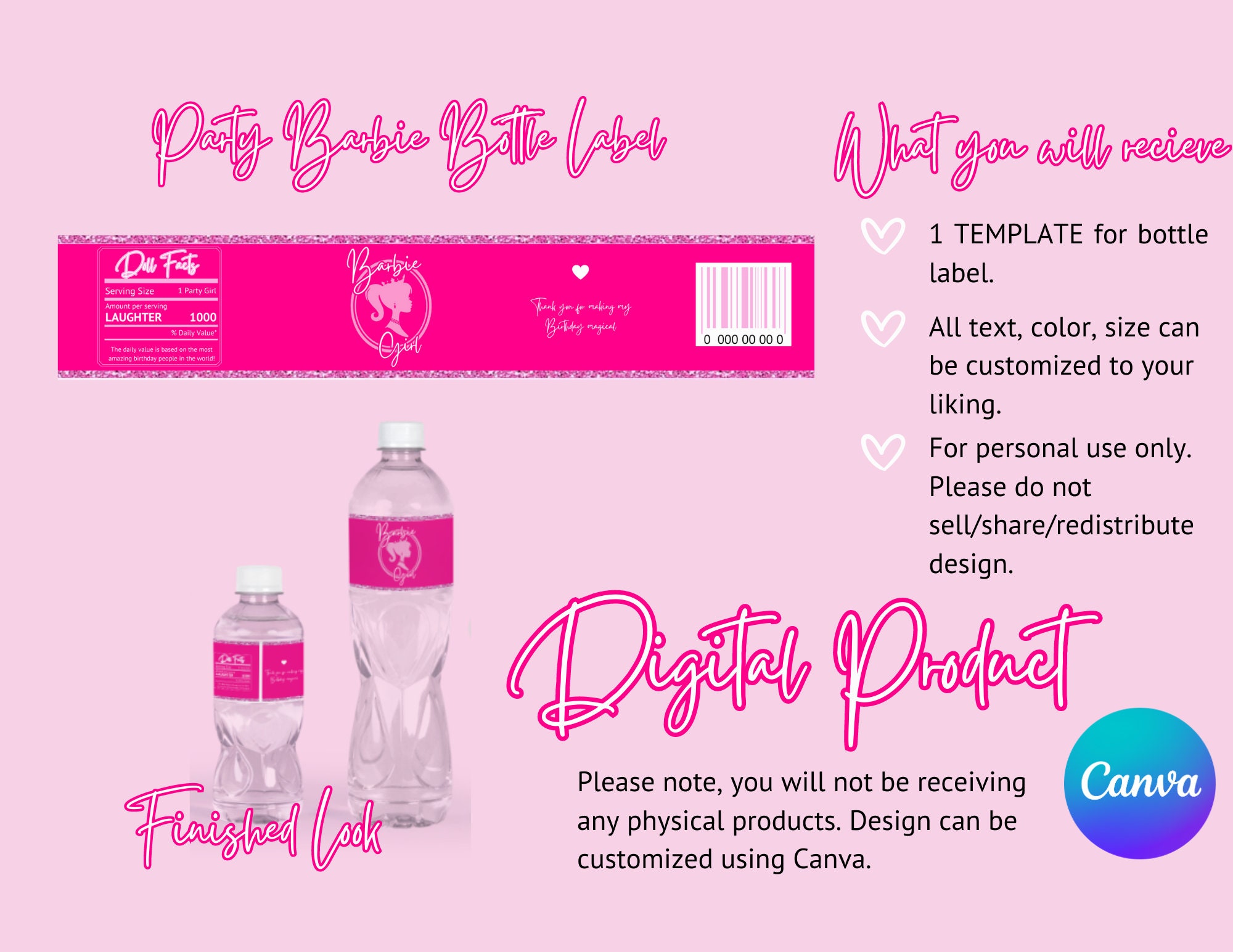 Barbie Water Bottle Labels Editable 