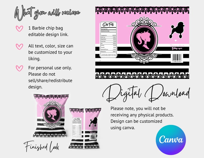 Cute Barbie Chip Bag Template Digital Download Canva Edit - Etsy