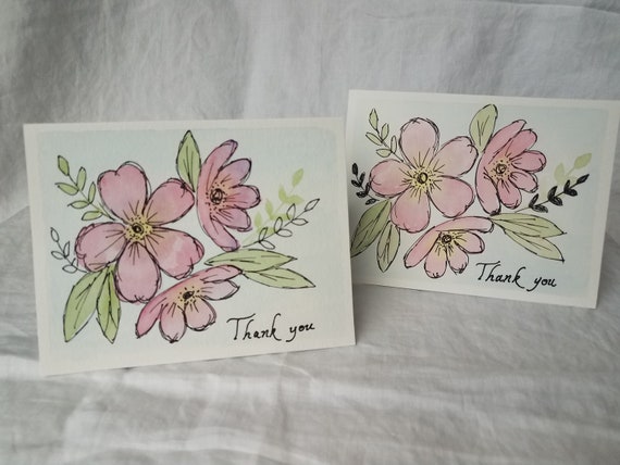 SET OF TWO Hand-painted Watercolor Cards With Envelopes Thank You Cards  Floral Botanical 4x6 Cards Ready to Ship Gifts 