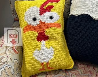 Funky Chicken Tapestry Crochet Pillow Pattern - Beginner PDF - Rooster Farm Animal Pillow Cushion Design, Pillow Pattern