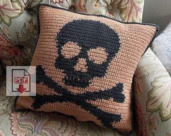 Skull and Crossbones Tapestry Crochet Pillow Pattern - Beginner PDF - Pirate Pillow Cushion Design - Halloween Horror