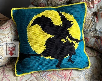 Witch on Broomstick Tapestry Crochet Pillow Pattern - Beginner PDF - Flying Witch Pillow Cushion Design - Halloween Horror, Crochet Pillow