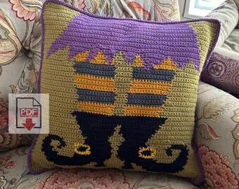 Witches Feet Tapestry Crochet Pillow Pattern - Beginner PDF - Scary Witch Shoes Pillow Cushion Design - Halloween Horror - Crochet Pillow